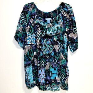 Liz & Me Women’s Multicolor Abstract Print Short Sleeve Top - Size: 3X